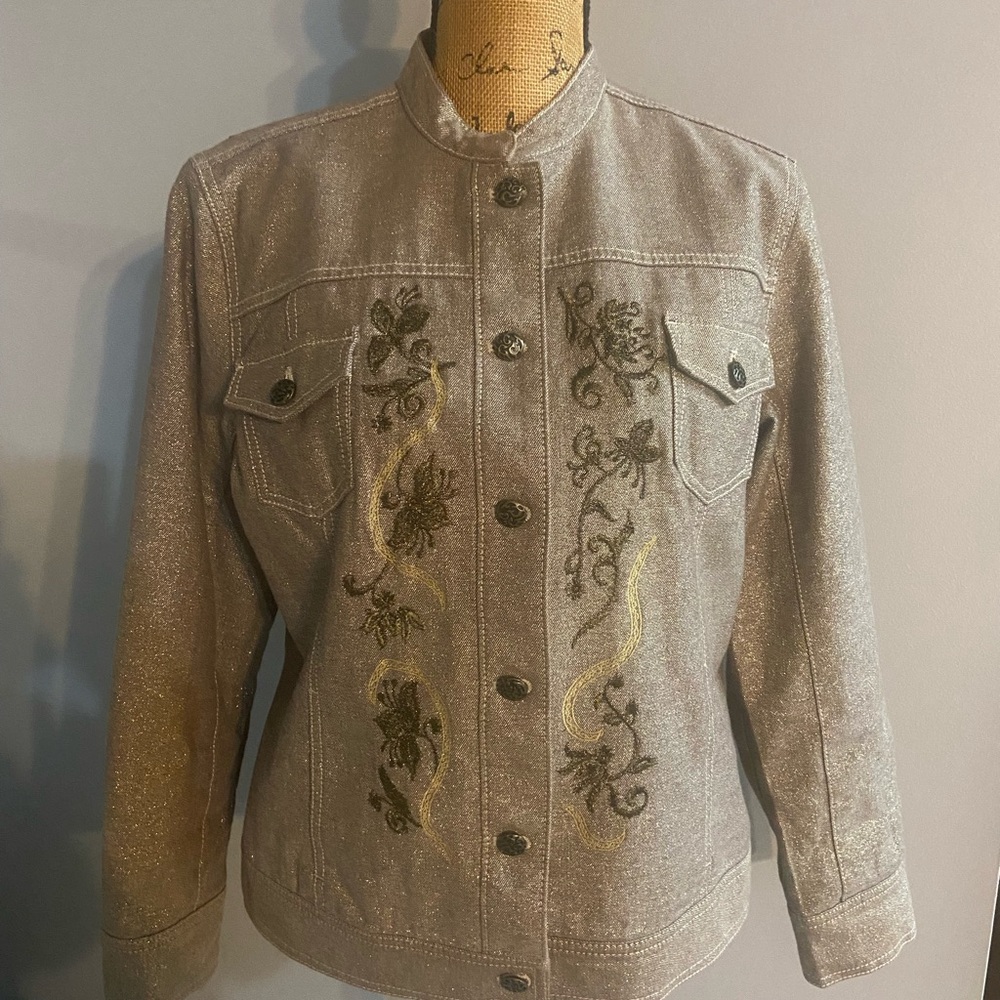 Chico's Shimmering Tan and Embroidered Jean Jacket